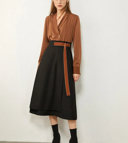 Minimalism Autumn Skirts Fashion Solid Belt Women Robe Causal High Waist Aline Irregular Hem Female Midi Skirt 12240752