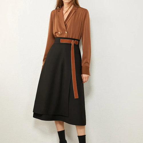 Load image into Gallery viewer, Minimalism Autumn Skirts Fashion Solid Belt Women Robe Causal High Waist Aline Irregular Hem Female Midi Skirt 12240752
