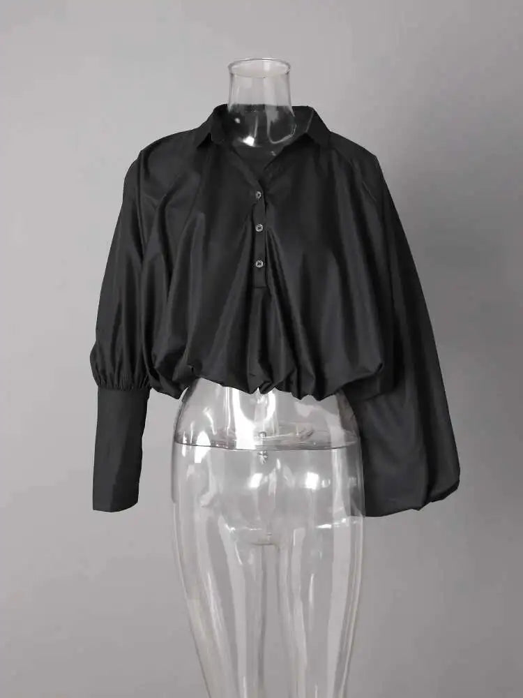 Women Black Pleated Big Size Short Elegant Blouse New V-neck  Long Sleeve Shirt Fashion Tide Spring Autumn 2025 CPG2610