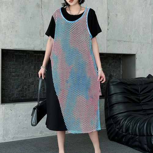 Load image into Gallery viewer, Women Green Colorful Spliced Big Size Midi Dress New Round Neck Short Sleeve Fashion Tide Spring Summer 2025 1DJ1155
