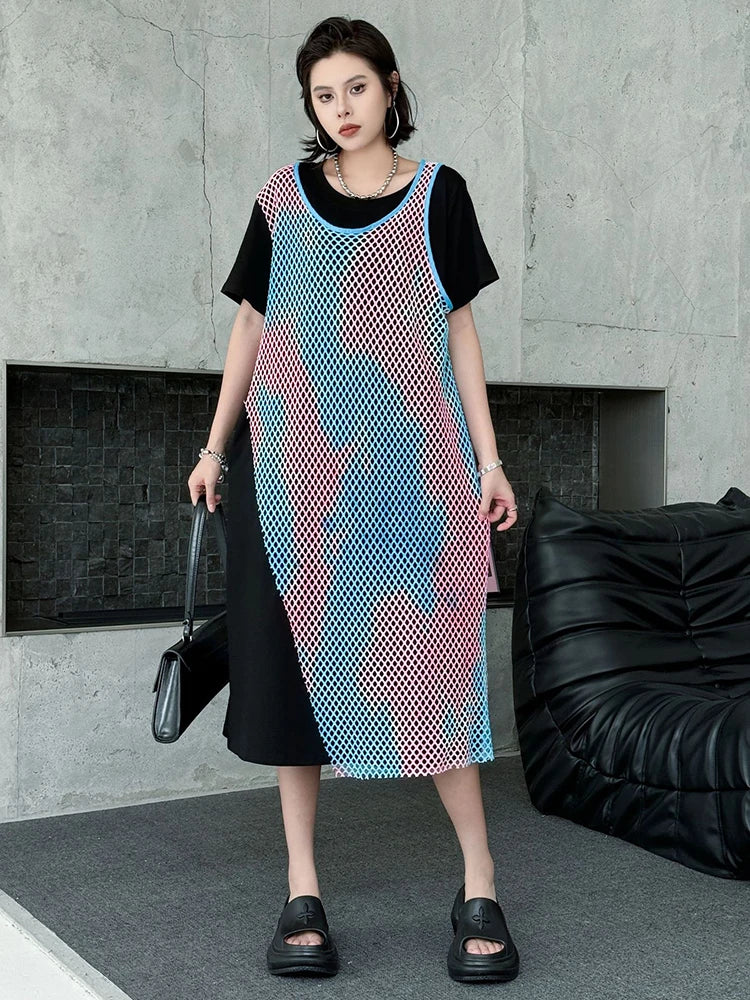 Women Green Colorful Spliced Big Size Midi Dress New Round Neck Short Sleeve Fashion Tide Spring Summer 2025 1DJ1155