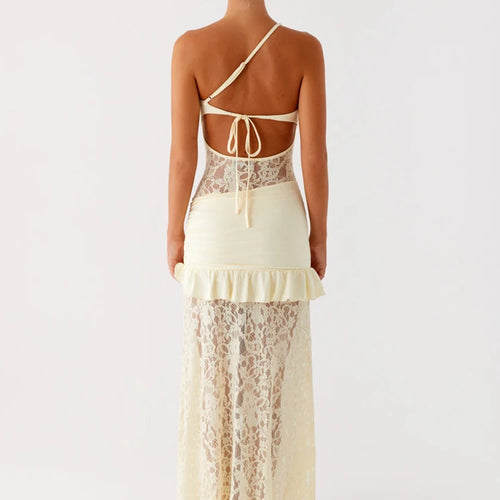 Load image into Gallery viewer, One Shoulder Backless Sexy Maxi Dress Women Lace Patchwork Fashion Sleeveless Lace-up Draped Ruffle Club Long Dress
