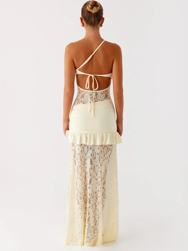 One Shoulder Backless Sexy Maxi Dress Women Lace Patchwork Fashion Sleeveless Lace-up Draped Ruffle Club Long Dress