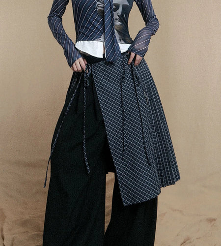 Hit Color Spliced Lace Up Loose Skirts For Women High Waist Temperament Minimalist Skirts Female Fashion Style New