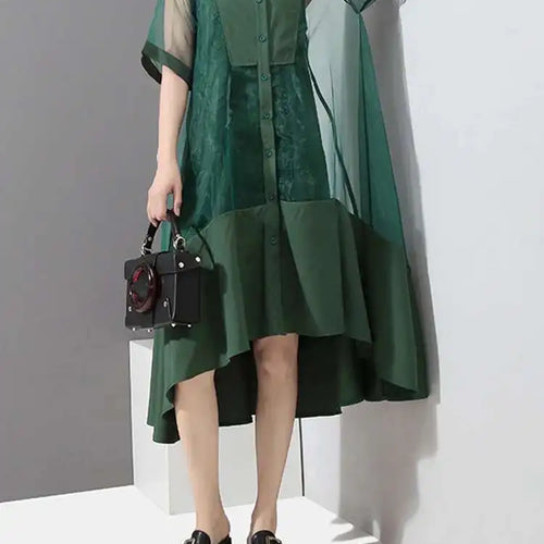 Load image into Gallery viewer, Women Green Organza Irregular Shirt Dress New Stand Collar Half Sleeve Loose Fit Fashion Tide Spring Summer 2025 JT581
