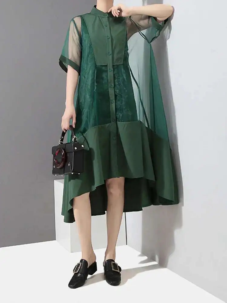 Women Green Organza Irregular Shirt Dress New Stand Collar Half Sleeve Loose Fit Fashion Tide Spring Summer 2025 JT581