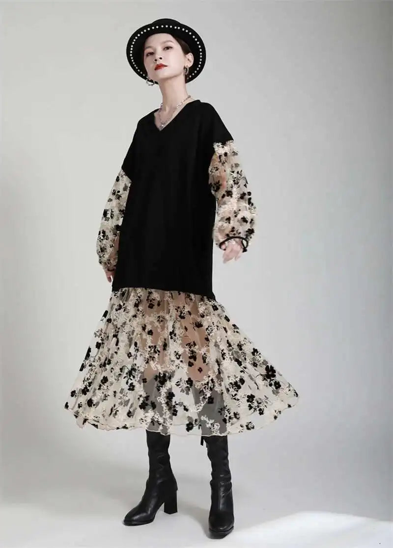 Women Pattern Printed Perspective Big Size Dress New V-Neck Long Sleeve Loose Fit Fashion Tide Spring Autumn 2025 1DE3176