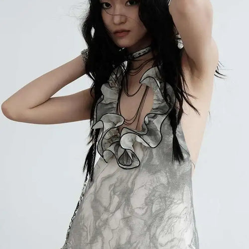 Load image into Gallery viewer, Women Gray Ruffled Backless Elegant Long Strapless Dress New Halter Sleeveless Fashion Tide Spring Autumn 2025 1DJ0014
