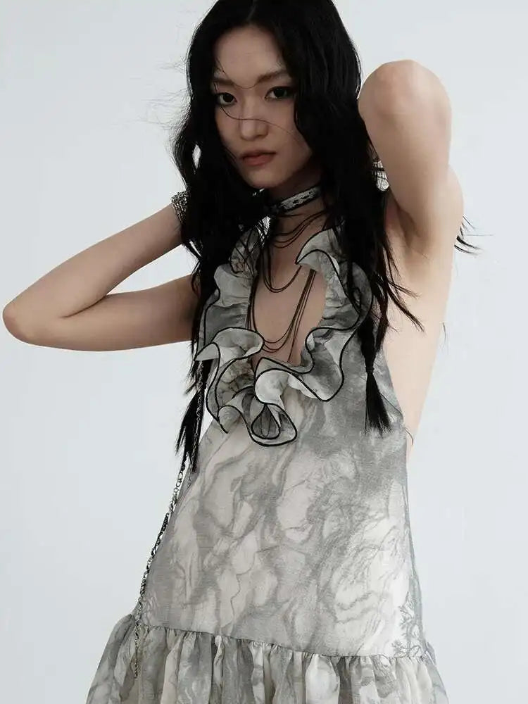 Women Gray Ruffled Backless Elegant Long Strapless Dress New Halter Sleeveless Fashion Tide Spring Autumn 2025 1DJ0014