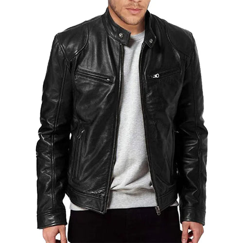 Load image into Gallery viewer, Mens Fashion Leather Jacket Slim Fit Stand Collar PU Jacket Male Anti-wind Motorcycle Lapel Diagonal Zipper Jackets Men 5XL
