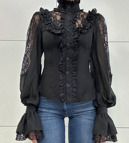 Chic French Lace Hook Flower Hollow Shirts Women Elegant Turtleneck Ruffles Trim Blouse Flared Sleeve Vintage Ruched