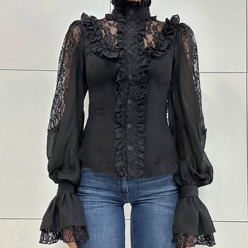 Load image into Gallery viewer, Chic French Lace Hook Flower Hollow Shirts Women Elegant Turtleneck Ruffles Trim Blouse Flared Sleeve Vintage Ruched
