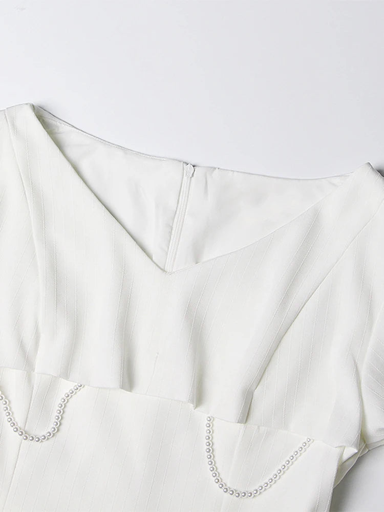Solid Patchwork Pearls Minimalist Blouse For Women V Neck Long Sleeve Irregular Casual Short Shirt Female Fashion Clothing