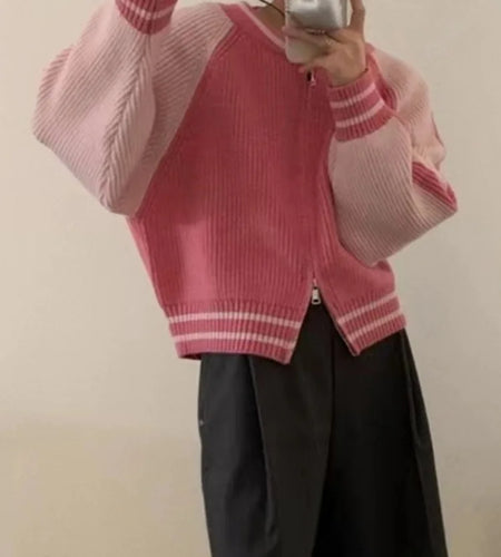 Y2k Aesthetic Knitted Cardigan Vintage Streetwear Dual Zippers Jacket Women Contrast Color Patchwork Harajuku Loose Sweater Coat