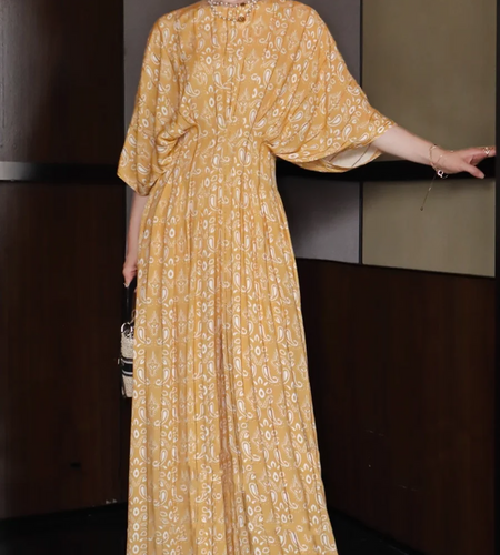 Hit Color Printing Spliced Folds Casual Dresses for Women Round Neck Half Sleeves High Waist Elegant Dress Female