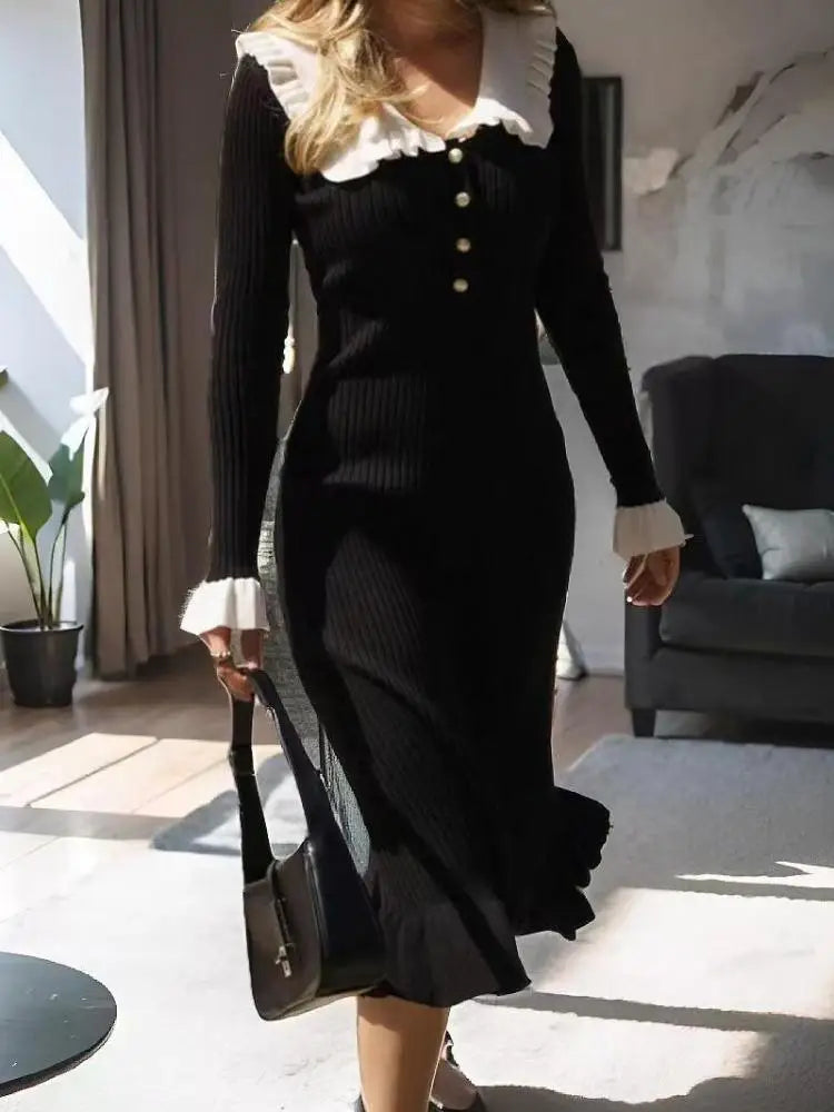 Autumn Winter 2024 Vintage Patchwork Elegant Single Breasted Knit Long Sleeved Dress Women Holiday Slim Ruffles Fishtail Dresses
