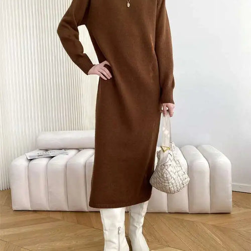 Load image into Gallery viewer, Women Rose Red Casual Midi Elegant Knitting Dress New Round Neck Long Sleeve Fashion Tide Spring Autumn 2025 1DH6450
