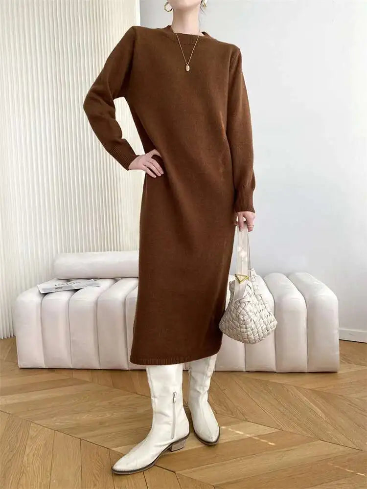 Women Rose Red Casual Midi Elegant Knitting Dress New Round Neck Long Sleeve Fashion Tide Spring Autumn 2025 1DH6450