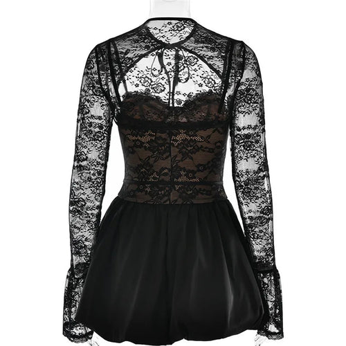 Load image into Gallery viewer, Black Lace Puffball Sexy Mini Dress For Women Fashion Lace-up Sheer Long Flare Sleeve High Waist Club Party Dress
