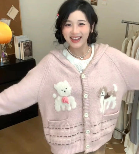 Y2k Aesthetic Cartoon Jacquard Knitted Hooded Cardigan Kawaii Cute Casual Women Pocket Sweater Sweet Single Breasted Loose Tops