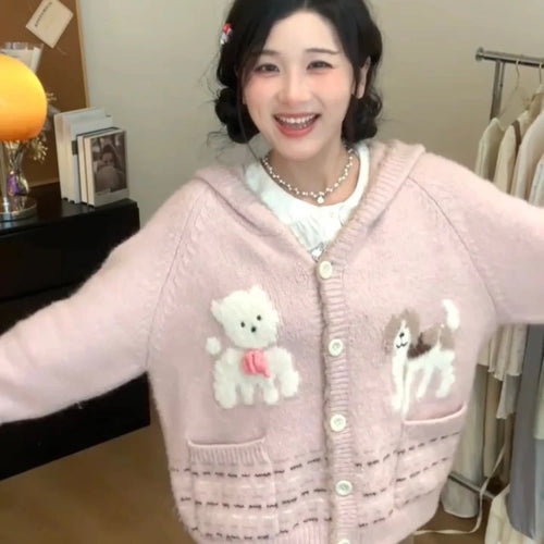 Load image into Gallery viewer, Y2k Aesthetic Cartoon Jacquard Knitted Hooded Cardigan Kawaii Cute Casual Women Pocket Sweater Sweet Single Breasted Loose Tops
