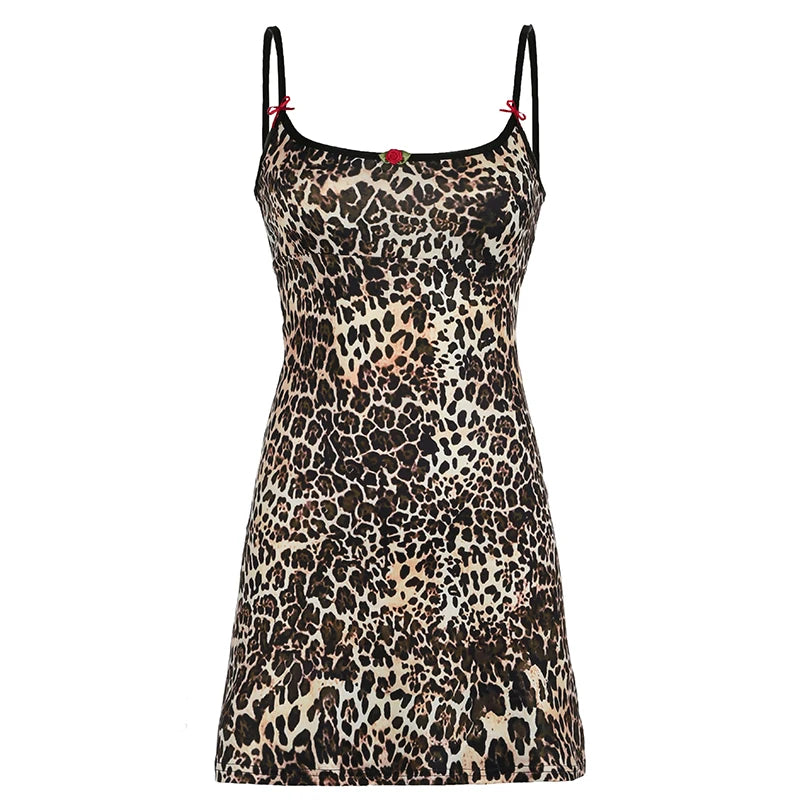 Vintage Strap Slim Summer Party Dress Female Leopard Printed Bow Club Fashion Holidays Sundress Appliques Sexy Dress