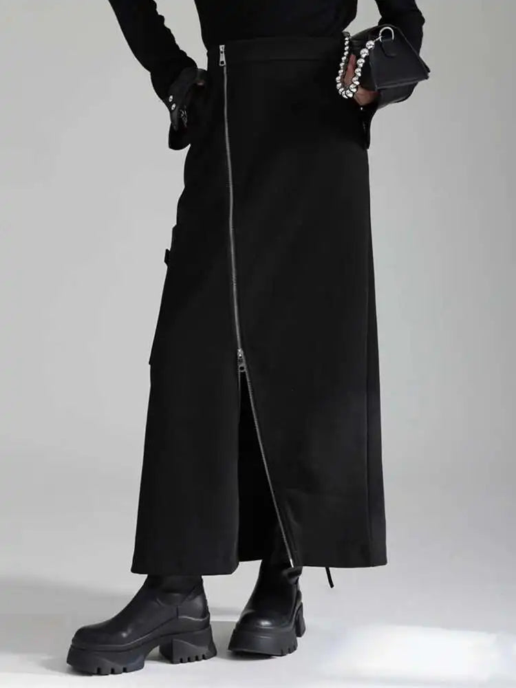 High Waist Black Irregular Zipper Pocket Long Casual Half-body Skirt Women Fashion Tide New Spring Autumn 2025 1DH3481