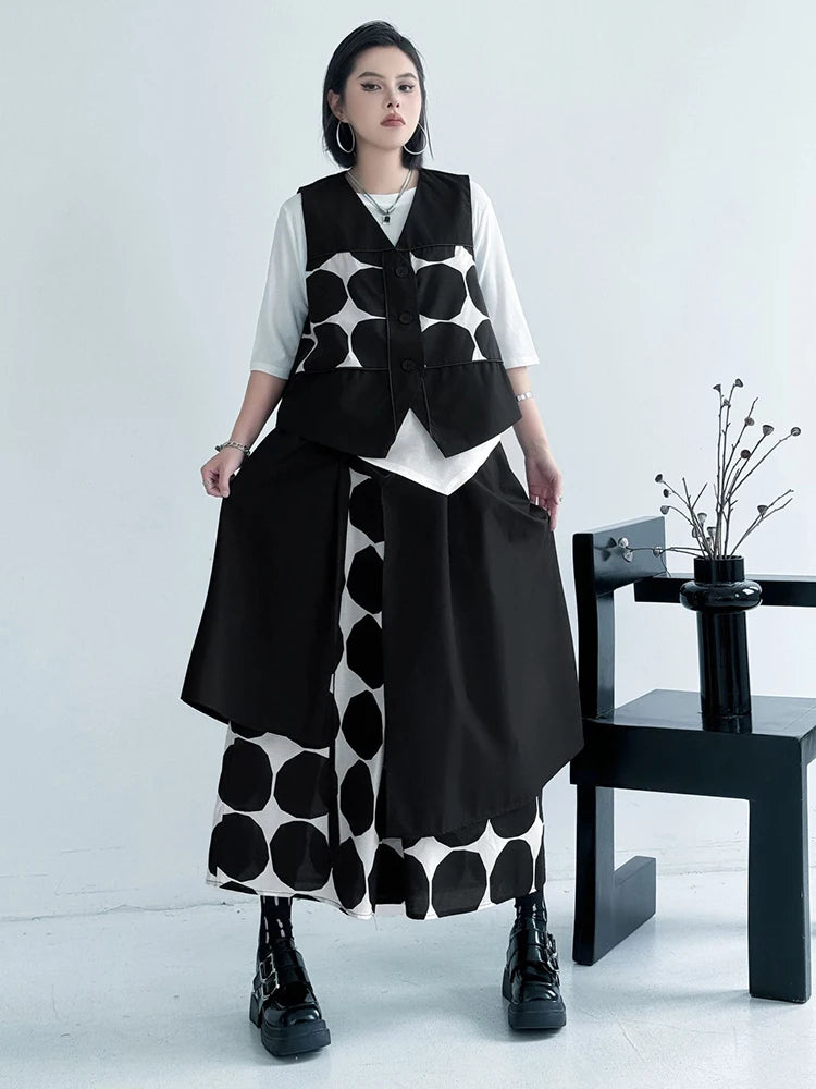 Big Size Black Dot Vest Wide Leg Pants Two Piece Suit New V-Neck Sleeveless Women Fashion Tide Spring Autumn 2025 1DJ1039