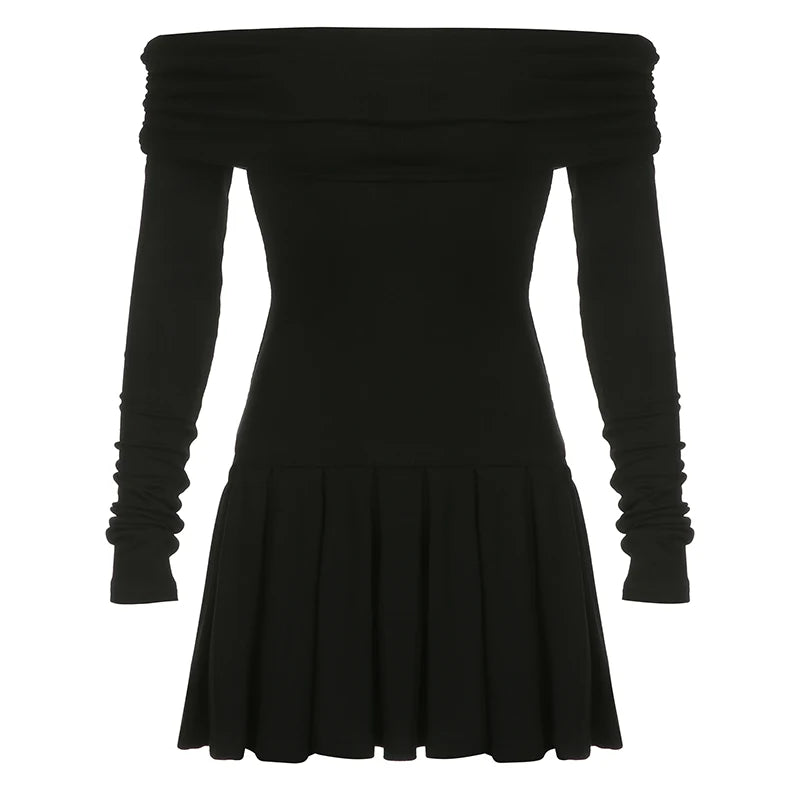 Casual Folds Off Shoulder Basic Autumn Dress Female Korean Fashion Long Sleeve Pleated Dress Mini Slim Y2K Party Chic