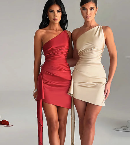 Sexy Satin Short Skirt For Women 2024 Summer New Slanted Shoulder Sleeveless Slim Vestidos Party Evening Dress Female