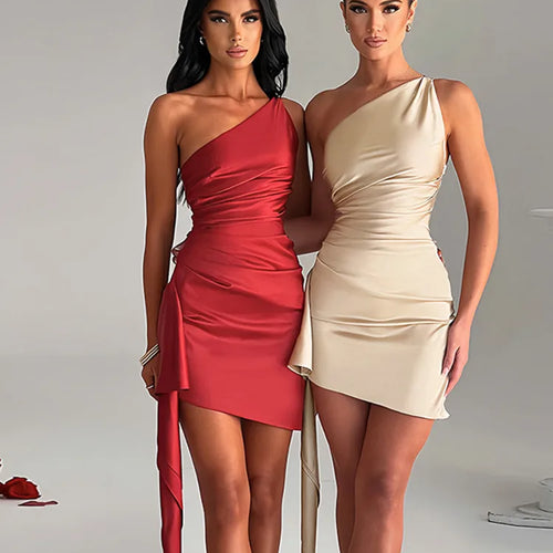 Load image into Gallery viewer, Sexy Satin Short Skirt For Women 2024 Summer New Slanted Shoulder Sleeveless Slim Vestidos Party Evening Dress Female
