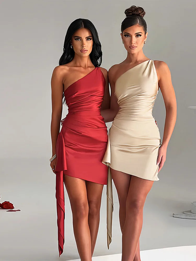 Sexy Satin Short Skirt For Women 2024 Summer New Slanted Shoulder Sleeveless Slim Vestidos Party Evening Dress Female