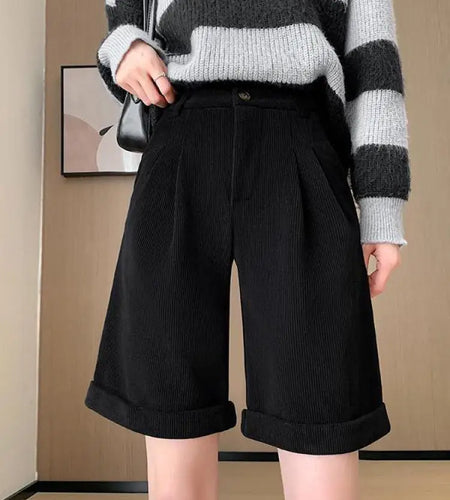 2023 New Corduroy Women's Black Shorts Autumn Winter Brown High Waist Wide Leg Shorts Vintage Female Versatile Short Pant Simple