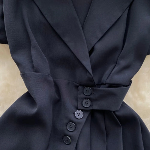 Load image into Gallery viewer, Women Black Single Breasted Temperament Blazer Dress 2024 Summer Clothing Green Elegant Office Short Sleeve Pleated Mini Dresses
