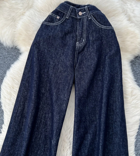 Autumn Retro Blue High Waist Plus Size Women Wash Jeans Pant Streetwear Loose Straight Versatile Wide Leg Denim Trousers Casual