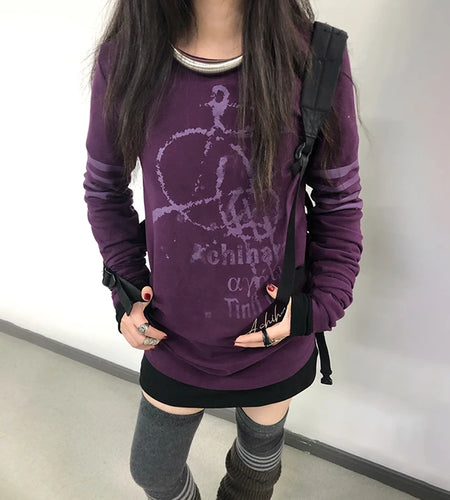 Japanese Y2k Letter Print T-shirt Grunge 2000s Style Long T Shirt Vintage Harajuku Long Sleeve Purple Top American Retro