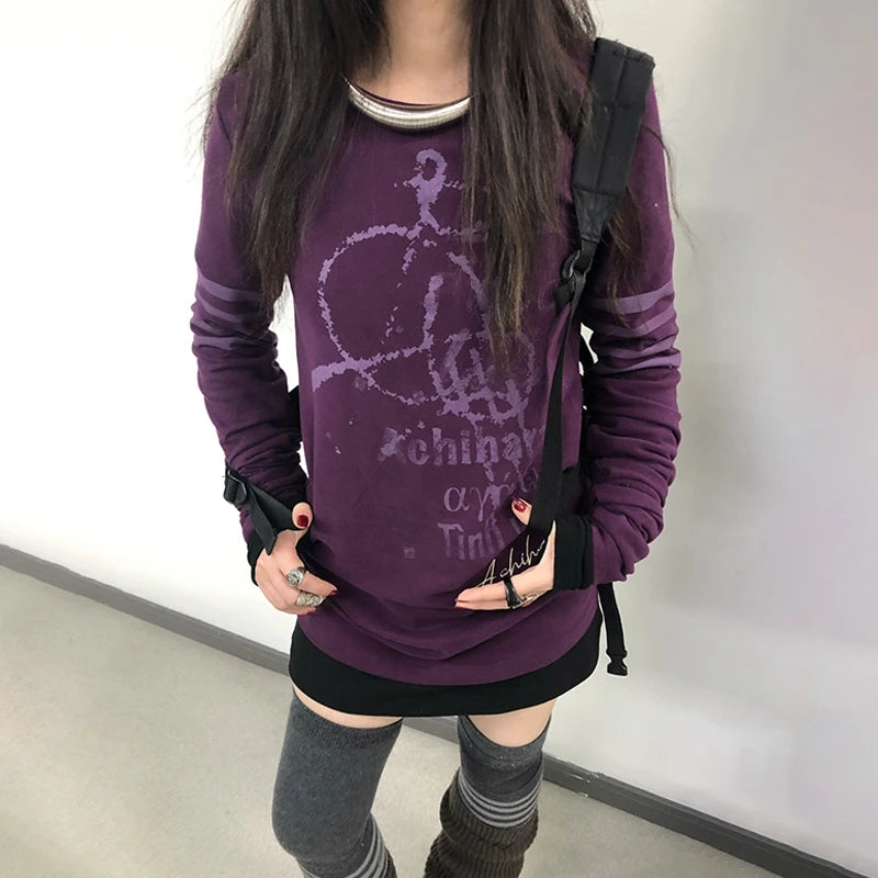 Japanese Y2k Letter Print T-shirt Grunge 2000s Style Long T Shirt Vintage Harajuku Long Sleeve Purple Top American Retro