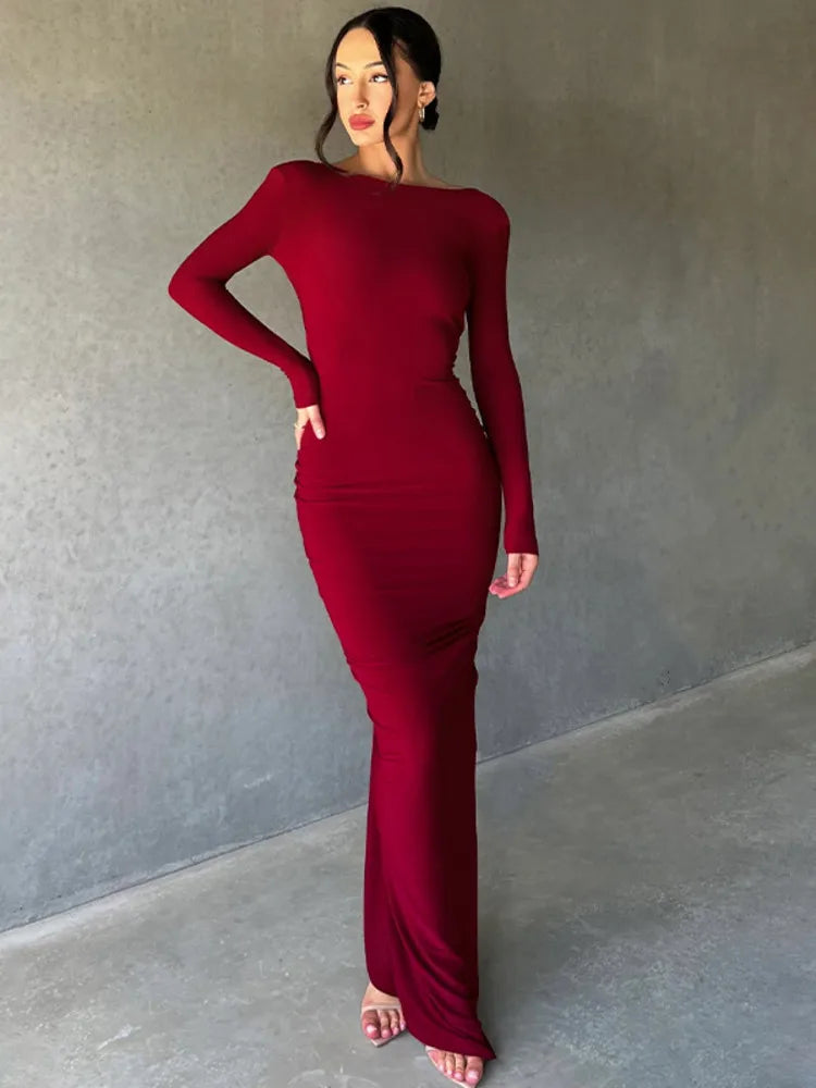 Sexy V-neck Slim Fit Pleated  Long Sleeve Women Dress Front &Back Elegant Female Long Dress Street Party Club Vesidos