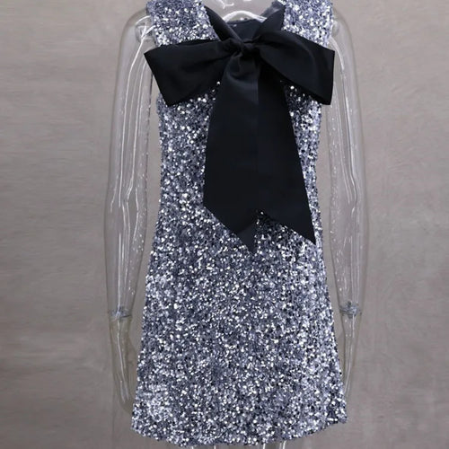 Load image into Gallery viewer, Sequins Backless Bow Sexy Mini Dress For Women Robe 2025 New Sleeveless A-line Sparkle Club Dress Elegant Vestido
