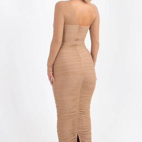 Load image into Gallery viewer, Mesh Long Sleeve Skew Collar Sexy Maxi Dress For Women Off-shoulder Backless Ruched Bodycon Club Party Long Dress
