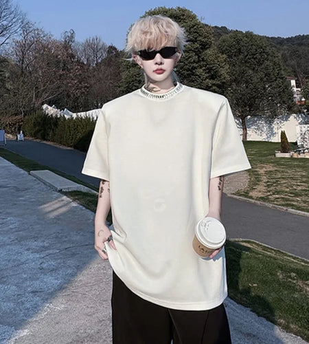 Men's Short Sleeved T-shirts Summer Round Neck Collar Handmade Nail Glitter Decoration Solid Color Male Clothing 9W1495