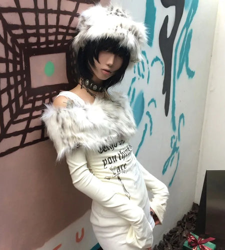 Japanese Y2k Fur Collar Tops 2000s Aesthetics Off Shoulder Knit Tops Vintage Harajuku Letter Print Long Sleeve T-shirt