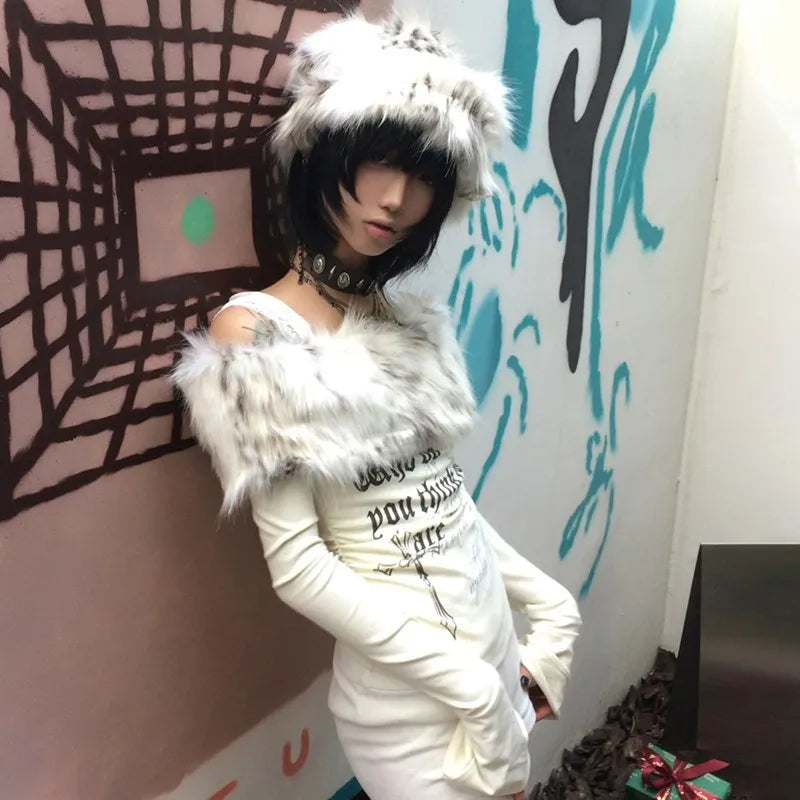 Japanese Y2k Fur Collar Tops 2000s Aesthetics Off Shoulder Knit Tops Vintage Harajuku Letter Print Long Sleeve T-shirt