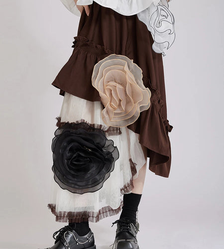 Hit Color Sheer Spliced Mesh Irregular Skirts for Women High Waist Patchwork 3D Flower Design Sense Skirt Female