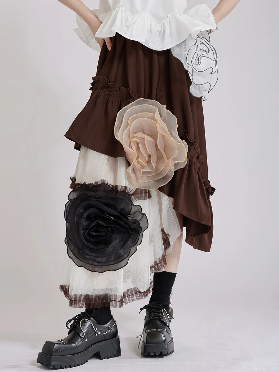Hit Color Sheer Spliced Mesh Irregular Skirts for Women High Waist Patchwork 3D Flower Design Sense Skirt Female