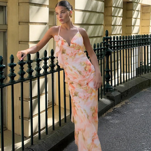 Load image into Gallery viewer, Halter Print Ruffle Sexy Maxi Dress Women Gown Summer New Fashion Sleeveless Backless Ruched Beach Club Party Dress
