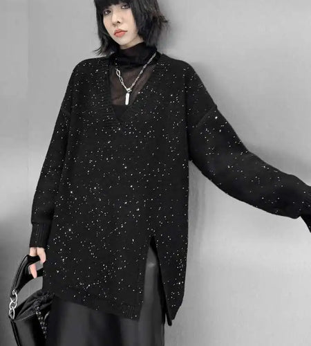 Black Sequins Slit Big Size Knitting Sweater V-Neck Long Sleeve Women Pullovers New Fashion Spring Autumn 2025 1DH9222