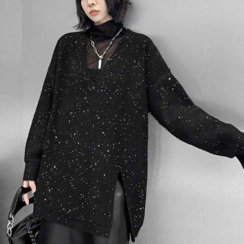 Load image into Gallery viewer, Black Sequins Slit Big Size Knitting Sweater V-Neck Long Sleeve Women Pullovers New Fashion Spring Autumn 2025 1DH9222
