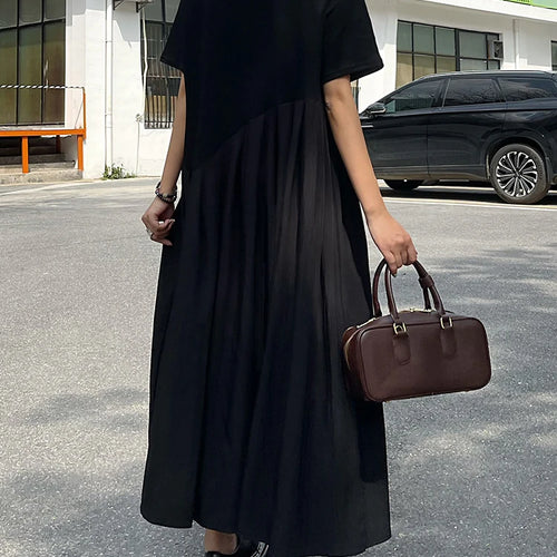 Load image into Gallery viewer, Women Black Irregular Pleated Big Size Midi Dress New Round Neck Short Sleeve Fashion Tide Spring Summer 2025 1DJ0851
