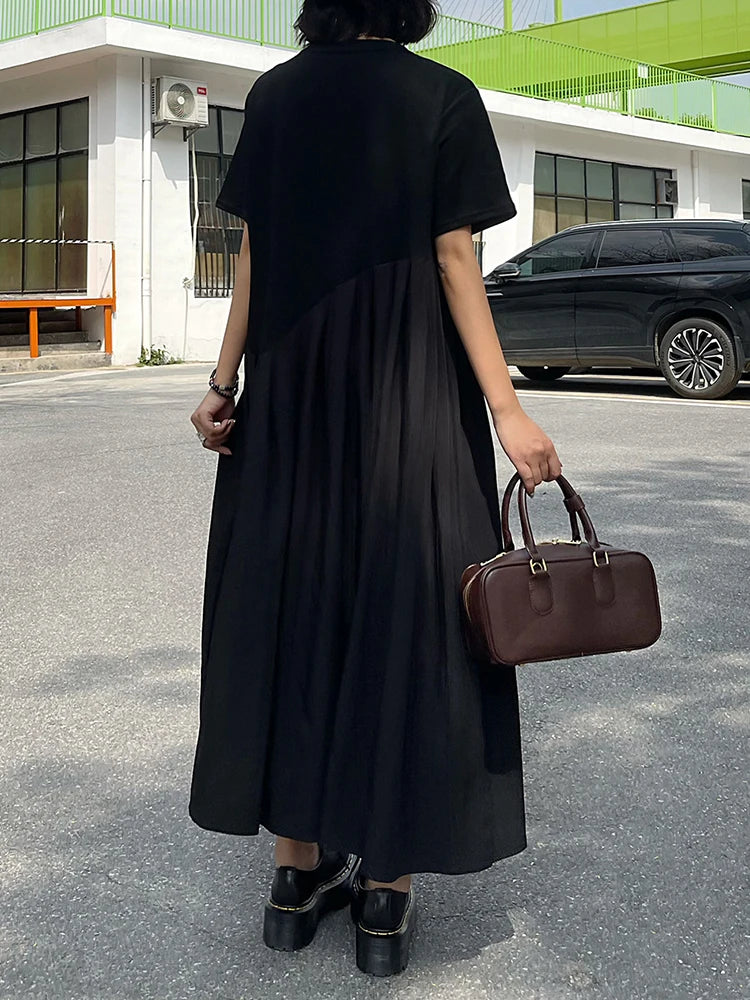 Women Black Irregular Pleated Big Size Midi Dress New Round Neck Short Sleeve Fashion Tide Spring Summer 2025 1DJ0851